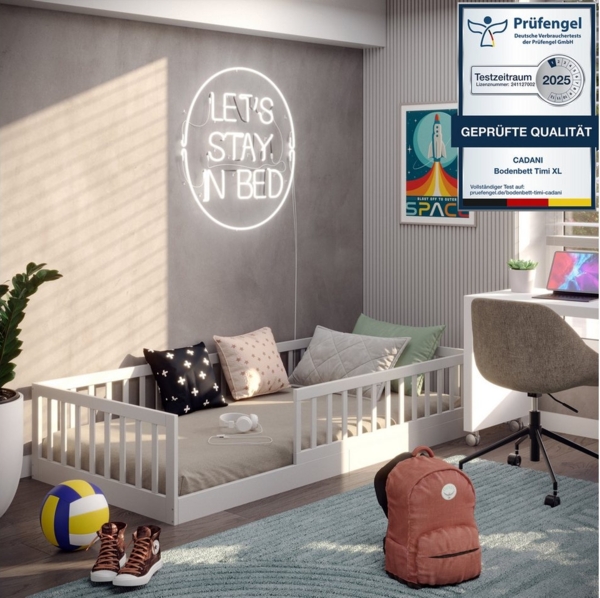 CADANI Timi 2in1 Bodenbett 90x200 cm Montessori Kinderbett mit abnehmbaren Rausfallschutz inkl. Lattenrost, Kiefer Massivholz, weiß - 3 Aufbauvarianten, bis 150 kg belastbar, umbaubar