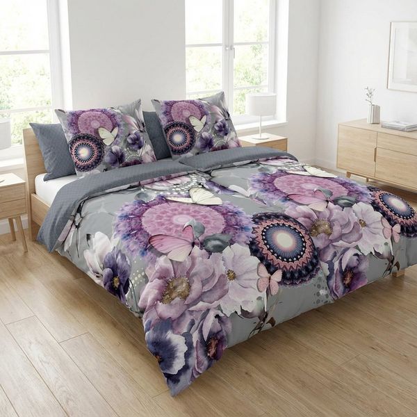 hip Bettwäsche Baumwolle, Renforcé, 2 teilig, lila Mandalas mit Blumen und Schmetterlingen, grau