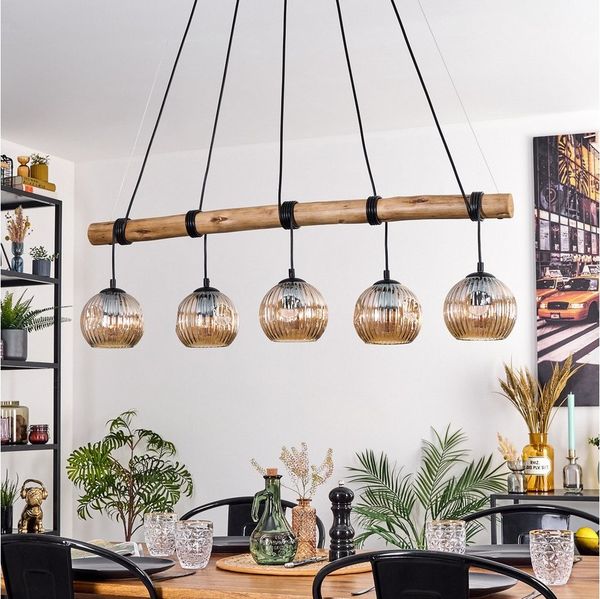 hofstein Pendelleuchte Hängelampe aus Metall/Holz/Glas in Schwarz/Natur-/Bernsteinfarben, ohne Leuchtmittel, Hängeleuchte Retro/Boho mit Glasschirmen und Holzbalken, 5 x E27