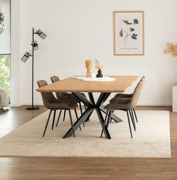 HOME DELUXE Essgruppe Eckig AVENCIA inkl. Sternfuß - 200 x 120 cm Fishbone Oak 4 Stühle Grau