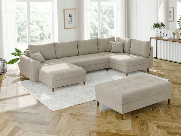 S-Style Möbel Wohnlandschaft Leif mit Schlaffunktion und Hocker, aus Boucle-Stoff, mit Holzfüßen, Ottomane links oder rechts bestellbar. Schlaffunktion in Kombination mit Hocker möglich, mit Wellenfederung