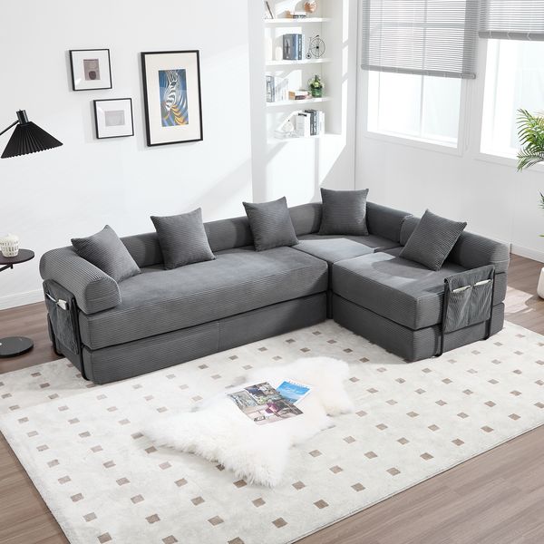 4-Sitzer Wohnlandschaft B 270 x T 180 x H 64 cm aus Cord, modular mit Schlaffunktion