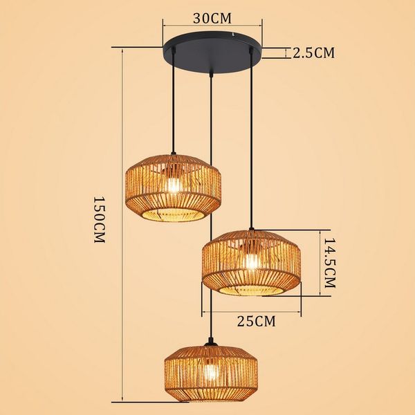Nettlife Pendelleuchte Rattan 3 flammig Höhenverstellbar Boho E27 Hängeleuchte, Kurzballon-Flecht, Ohne Leuchtmittel, für Schlafzimmer Wohnzimmer/Ohne Leuchtmittel