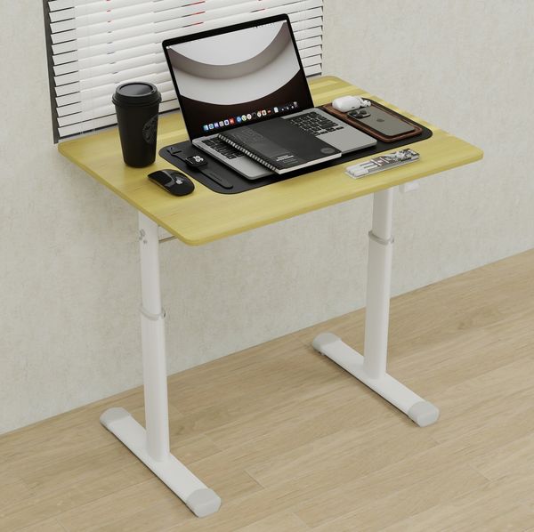 Höhenverstellbarer Schreibtisch in Holzoptik – manueller Kurbelmechanismus, 80 x 60 x 90 cm, Metall-Holz-Kombination