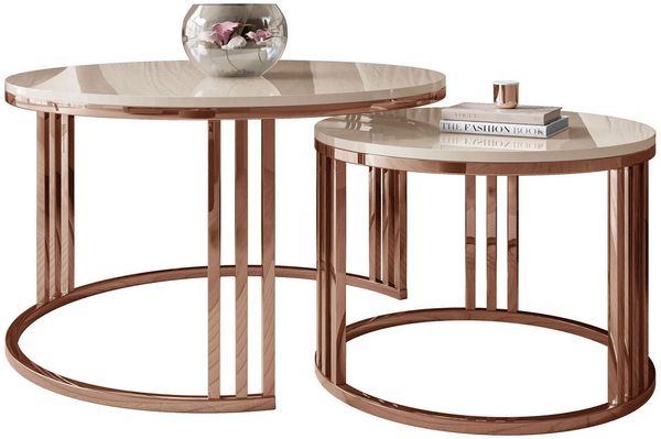 Lookway Couchtisch LORI 2in1 Couchtisch-Set in Hochglanz mit Kupfergestell (2er Set), Durchmesser: ⌀70 cm und ⌀50 cm