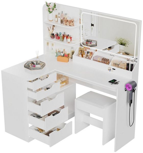 Furnicopia Schminktisch LED-Schminktisch mit großer Ablagefläche und Hocker (Maße: 120 x 80 x 136 cm Ausstattung: 5 Schranktüren, 8 Staufächer Ausstattung: 2 Steckdosen + 1 USB-Anschluss + 1 Typ-C-Anschluss Inklusive Föhnhalterung-ostern geschenke)