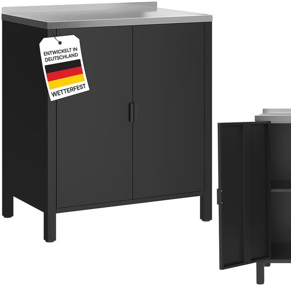 STEELSØN 'Zephios' Outdoor Metallkommode, mit Edelstahl Arbeitsplatte und 4 Fächern, Doppeltür, wetterfest, schwarz, 94,5x80x50 cm