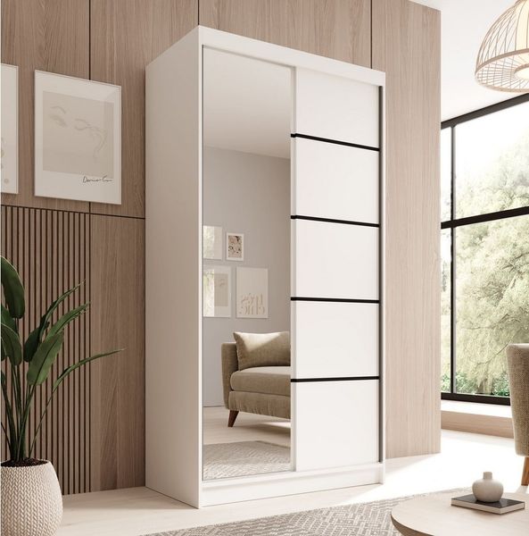 MOEBLO Schiebetürenschrank FIORA 100 (modern, platzsparend, mit Spiegel & viel Stauraum Schwebetürenschrank 2-türig Schrank Garderobe Schiebtüren Schlafzimmer Wohnzimmerschrank mit Spiegel) (BxHxT): 100 x 200 x 58 cm