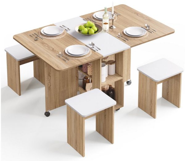 Mondeer Essgruppe Esstisch mit 4 Hockern, Platzsparend, 3-in-1-Funktion, Rollbar & Stabil 120x80 cm