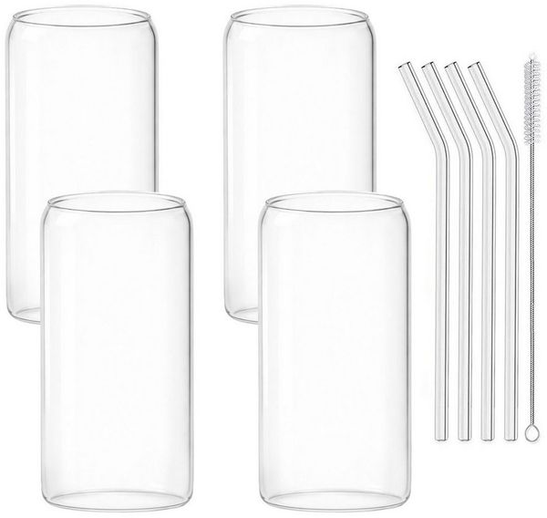 mixed24 Gläser-Set 4er Set Gläser 500ml inkl. Glashalm Dosenform, ideal für Iced Matcha Latte, Latte Macchiato, Cocktails, Smoothies