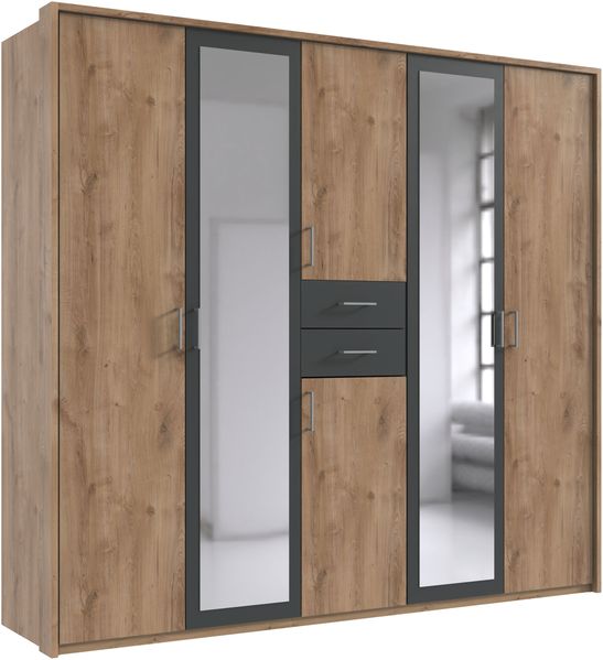 Drehtürenschrank Kleiderschrank Schubkästen Spiegel Passepartout Eiche u. Grafit