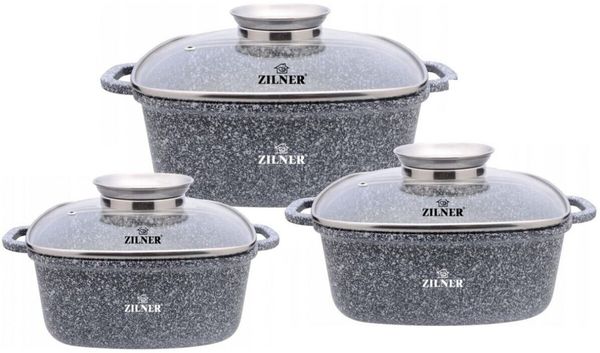 Zilner Topf-Set Schöne Quadratische Graue Töpfe in 3 verschiedenen Größen, Aluminiumguss, Keramik, Edelstahl (2.8L 20x20 cm / 4.4L 24x24 cm / 6.5L 28x28 cm, 6-tlg, Zeitloses Design des Topfsets. Eine ideale Geschenkidee! Hochwertig)
