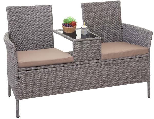Poly-Rattan Sitzbank mit Tisch HWC-E24, Gartenbank Sitzgruppe Gartensofa, 132cm ~ grau, Kissen creme