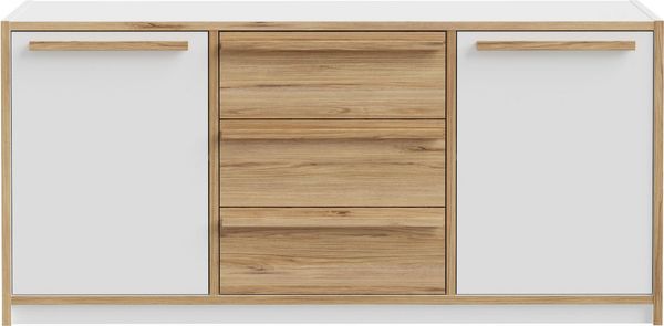 Sideboard S-ROOM mit 2 Türen und 3 Schubladen in Weiß / Catania Eiche