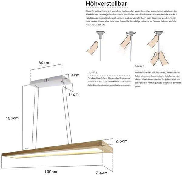 Nettlife Hängeleuchte 150cm aus Massivholz Industrielle Wohnzimmer Pendelleuchte, LED fest integriert, Warmweiß Neutralweiß Kaltweiß Bild 4