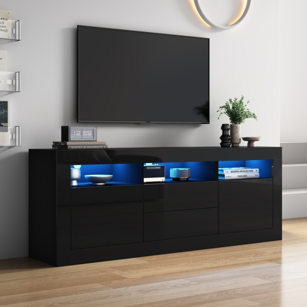 Merax 160*35*60cm Hochglanz-TV-Schrank mit LED-Beleuchtung, 3 offenen Fächern, 2 Türen, 2 Schubladen, Smart App Steuerung, für 70-Zoll-Fernseher, Hochglanz-TV-Ständer, Schwarz