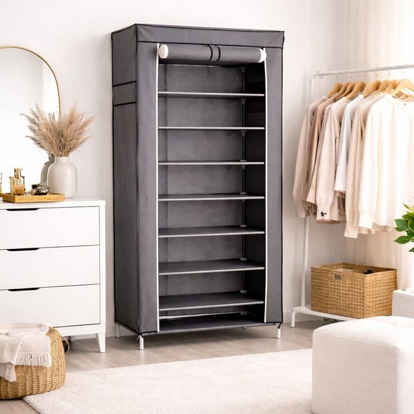 belviona Stauraumschrank, stabil & pflegeleicht, ideal für kleine Räume, grau 160 x 60 x 30 cm Stoffkleiderschrank, mobil mit 10 Böden