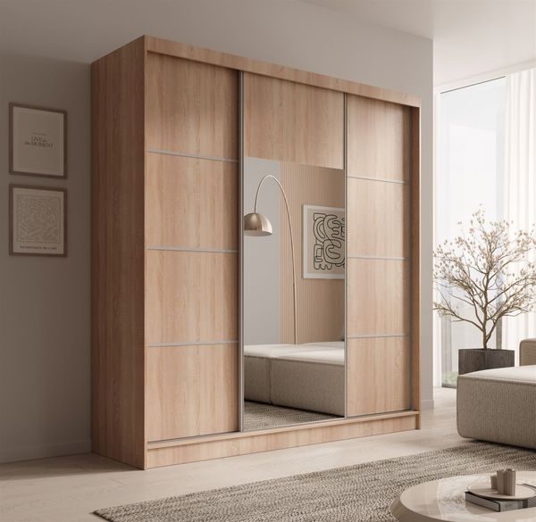 Schiebetürenschrank Schrank ALFA in Sonoma- Tür Applikation Silber 200 x 215 x 61 cm