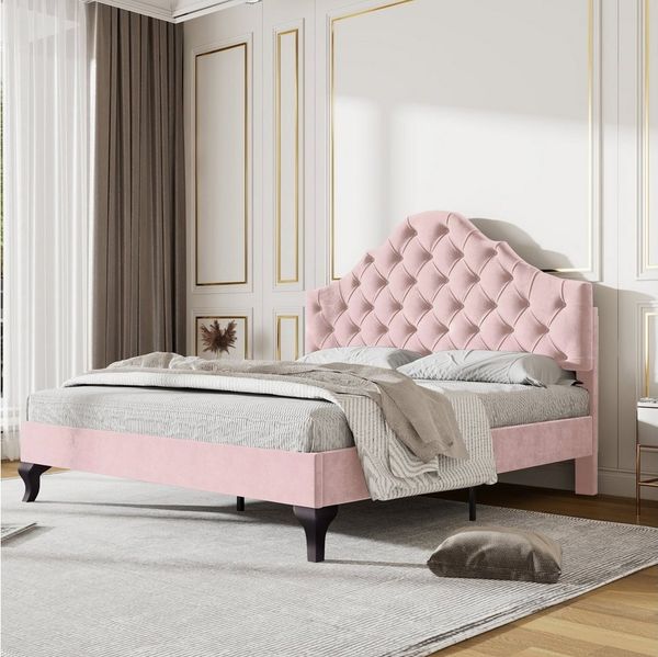 HAUSS SPOLE Polsterbett 140x200 mit Lattenrost und höhenverstellbares Kopfteil, Samt, Rosa