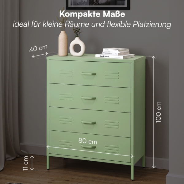 skølm 'Atria' Metallkommode, grün, 100x40x80 cm, Metallschrank mit 4 Schubladen Bild 6