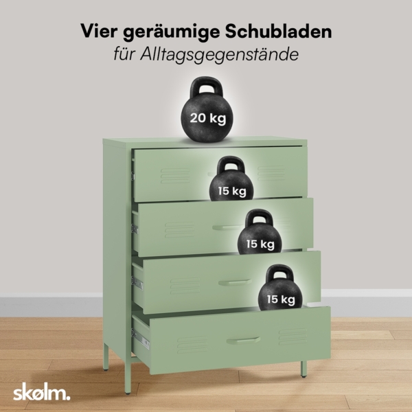 skølm 'Atria' Metallkommode, grün, 100x40x80 cm, Metallschrank mit 4 Schubladen Bild 5