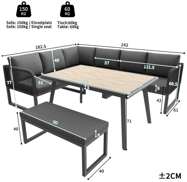 Celya Gartenlounge-Set Gartenmöbel Set mit Hochwertigen Sitzkissen & Rückenkissen, (für 6-8 Personen, SetHandgeflochtene PE-Rattan Polstergruppe, Grau), Garten Loungesessel mit esstisch,Wetterfestes Terrassen Sofa Set