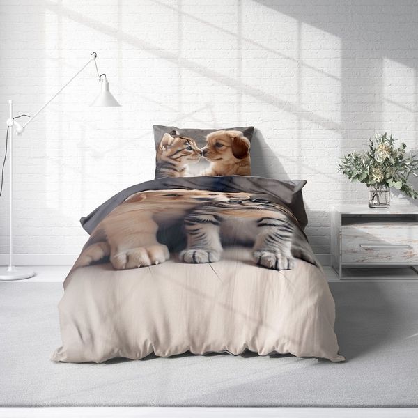 One Home Bettwäsche Puppy Friends, Flanell, 4 teilig, niedliche Hunde Katzen Welpen, kuschelig warme weiche Baumwolle Biber