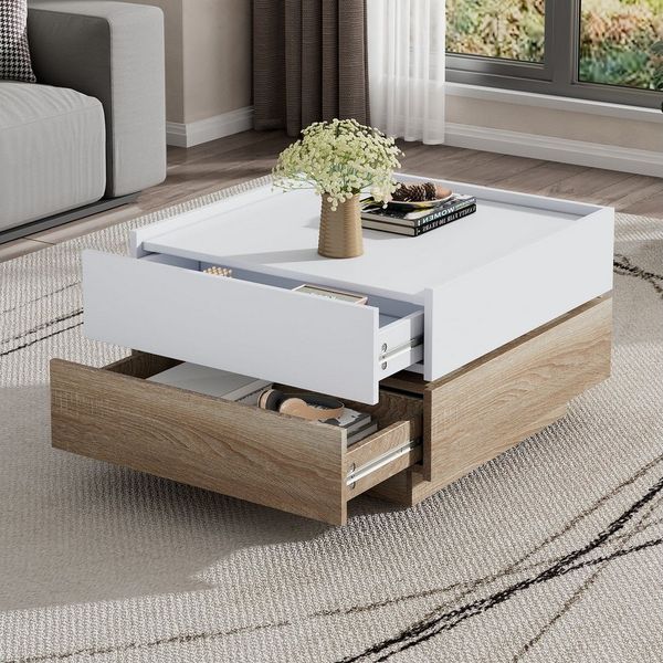 IDEASY Couchtisch Wohnzimmertisch, Couchtisch mit 360° schwenkbarer oberer Ablage (1 Tisch), mit 2 Schubladen, hochgezogene Kanten als Fallschutz, 60 x 60 x 38 cm