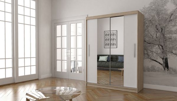 MOEBLO Kleiderschrank LARA 01 (mit Spiegel Schwebetürenschrank 2-türig Schrank mit vielen Einlegeböden und Kleiderstange, Gaderobe Schiebtüren Schlafzimmer-Wohnzimmerschrank Modern Design) (BxHxT): 150x200x61 cm
