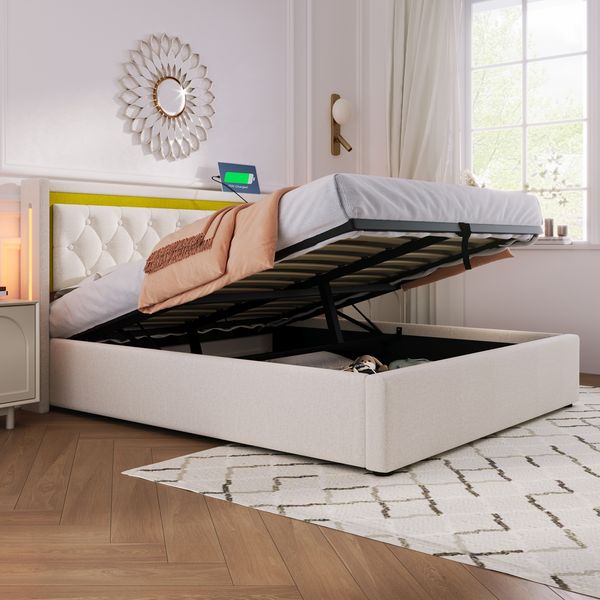 Polsterbett 160x200 cm, beige mit senfgelbem Kopfteilakzent, Baumwollbezug, LED-Beleuchtung & 2xUSB+2xType‑C, hydraulischer Bettkasten