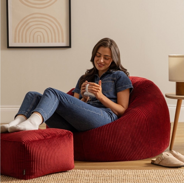 Icon Kingston Sitzsack mit Hocker Cord, Burgund, Sitzsack Erwachsene mit Füllung, Bean Bag, Cord Sessel, Lounge Sessel, Lounge Stuhl, Schlafzimmer, Wohnzimmer, Wohnzimmer Möbel