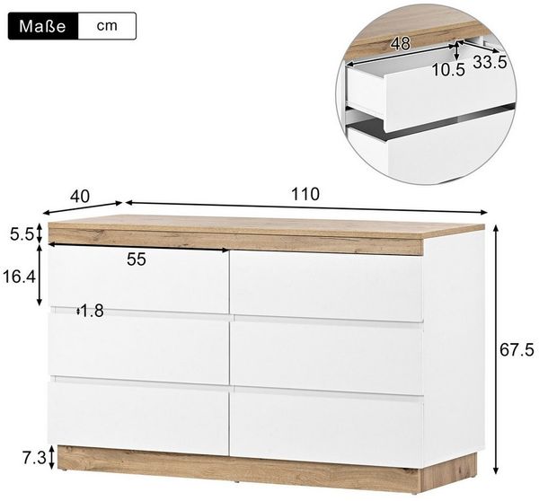 Celya Sideboard Kommode mit 6 Schubladen 110 x 40 x 67,3 cm, fü¼r Wohnzimmer und Schlafzimmer E1-Spanplatte WeiB