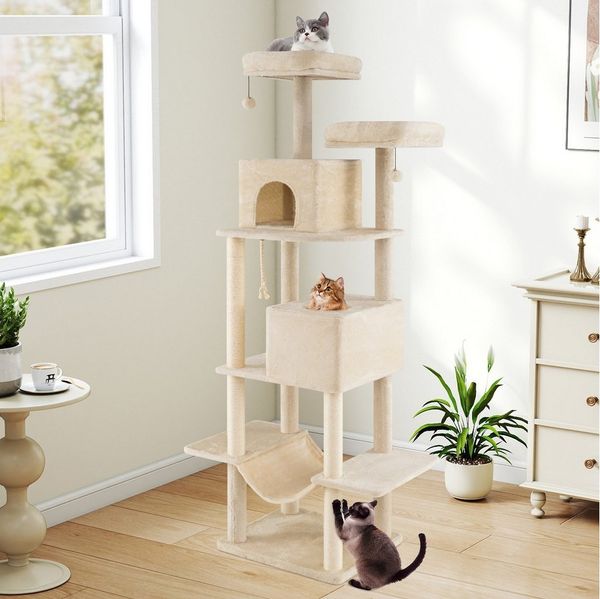 COSTWAY Kratzbaum, Katzenbaum, Kletterbaum mit 2 Höhlen, 205 cm hoch