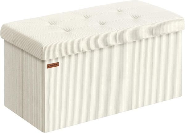 SONGMICS Sitzhocker mit Stauraum, klappbare Sitzbank, 38 x 76 x 38 cm Fußbank, Bettbank, Aufbewahrungsbox, bis 300 kg belastbar, Wohnzimmer, Schlafzimmer, Eingangsbereich, cremeweiß