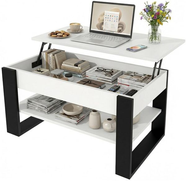 TREND WERK Couchtisch Lift-Couchtisch höhenverstellbar Sofatisch 92×54 cm mit Stauraum, verstecktem Fach Wohnzimmertisch Holz modern