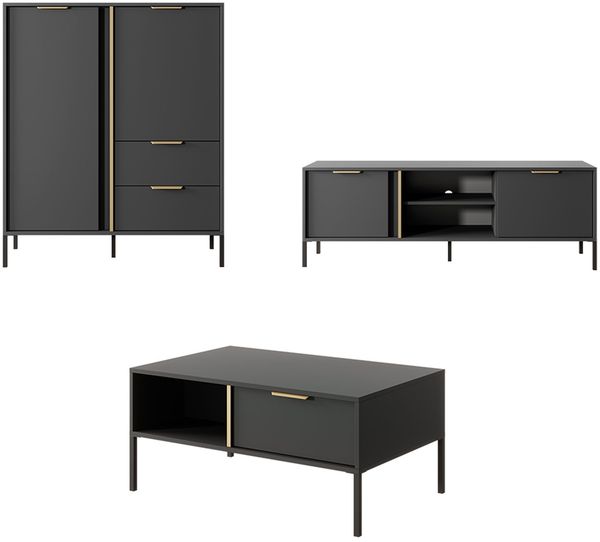 Anbauwand Lars Wohnwand 3-tlg Couchtisch anthrazit gold