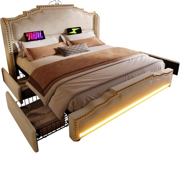 Polsterbett 140x200 cm Samt mit Stauraum, LED-Beleuchtung und USB-C – Vintage Ohrendesign，Beige，Es gibt eine Matratze.