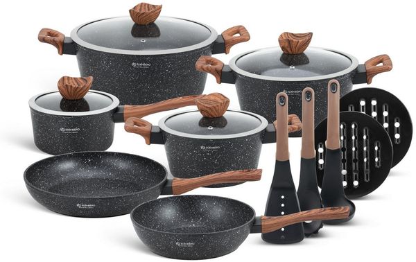Edenberg Topf-Set Schöne Schwarze Töpfe in 3 Größen mit Pfannen und Kasserolle, Aluminium, Aluminiumguss, Keramik (Dieses wunderschöne Topfset in elegantem Mattschwarz mit feinen weißen Sprenkeln ist die perfekte Geschenkidee für jeden Anlass – stilvol...