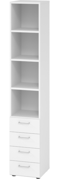 bümö smart Schubladenschrank, Büroschrank in weiß mit 4 Schüben & 4 Regalfächern - Bürocontainer aus Holz, Container mit Metallgriffen & Soft-Stop Schubladen, 964S4-W-W-BS