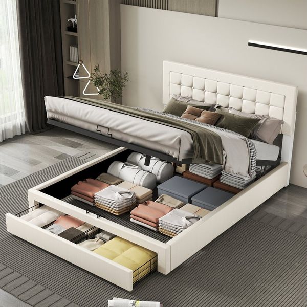 oyajia Polsterbett Doppelbett Polsterbett 140x200cm, Luftdruck anhebbarer Stauraumbett (Leinenmaterial Polsterbett mit Lattenrost und verstellbares gepolstertes Kopfteil), Modernes Jugendbett, Leises Design, Einfach zu montieren und stabil