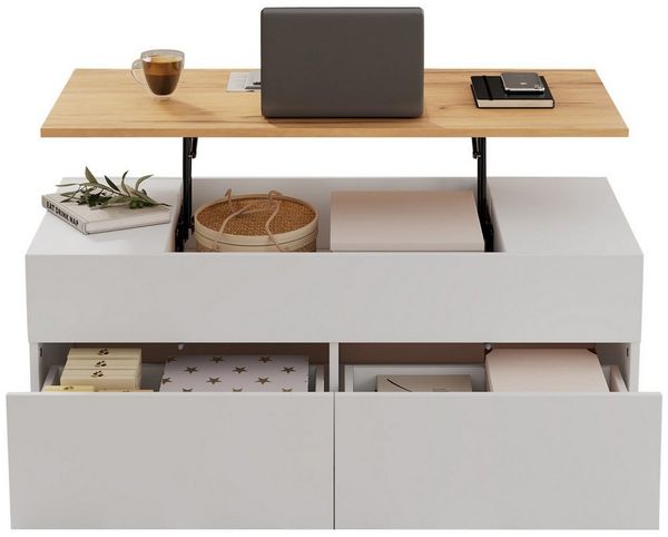 REDOM Couchtisch anhebbar bis 53 cm (Satztisch, Wohnzimmertisch, 1-St, 2 schubladen), Verstecktem und halboffenem Stauraum