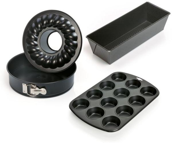 Kaiser Springform Classic, (1x Springform mit Flach- und Rohrboden Ø 26 cm, 1x Königskuchenform 30 cm, 1x Muffinform für 12 Muffins 38 x 27 cm - Standard-Muffingröße Ø 7 cm 4-tlg)