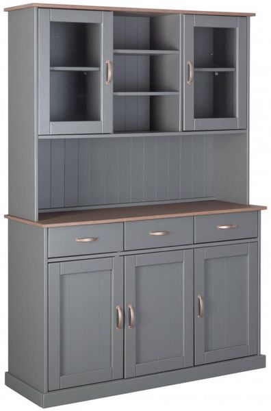 Dmora Sideboard mit 3 geschlossenen Türen, 2 Vitrinen und 3 Schubladen, aus grau lackiertem massivem Kiefernholz mit brauner Oberseite und Oberflächen, 131 x 45 x 191 cm