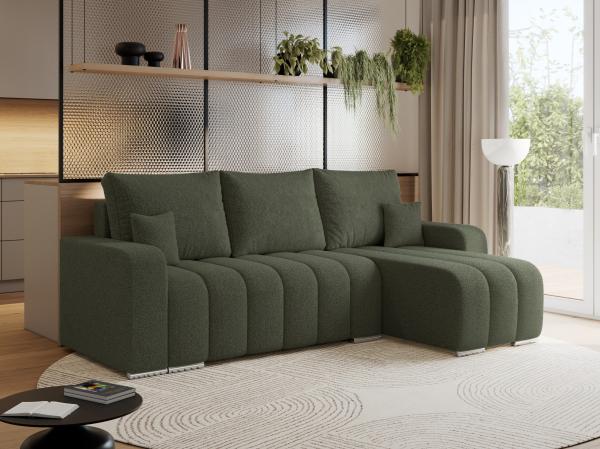 Universelles Ecksofa in Streifen genäht mit Schlaffunktion und Bettkasten, modern Stil - KIRASSO - Grün Boucle