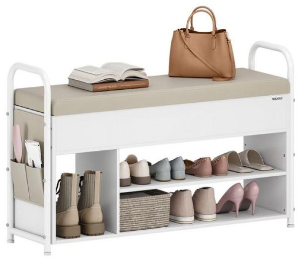 Vasagle Schuhbank mit Sitzfläche, Schuhregal, Sitzbank mit Stauraum unter dem Deckel, PU-Organizer, Tragegriffe, für Flur, Wohnzimmer, Schlafzimmer, wolkenweiß-cappuccinobeige LSBDE152W01