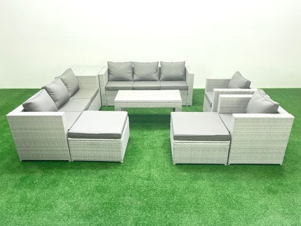Fimous Gartenmöbelset Polyrattan mit 2 Sesseln Rechteckiger Couchtisch 2 hohen Hockern Beistelltisch Hellgrau gemischt