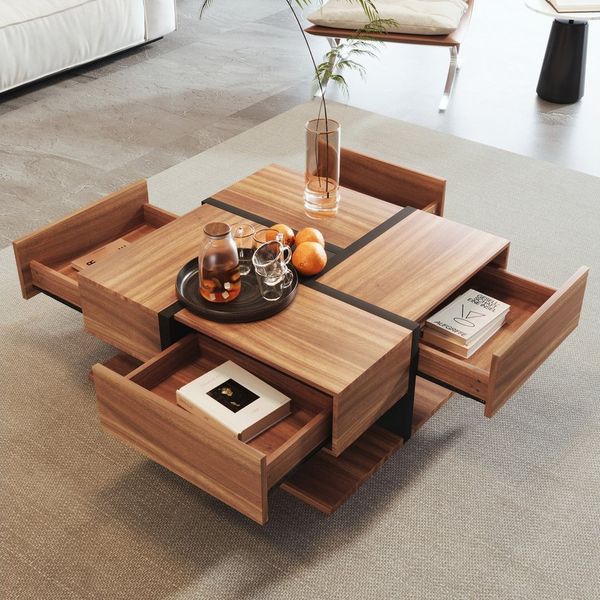 REDOM Couchtisch Moderner Couchtisch mit Holzmaserung in Eiche-Optik (versteckte Schubladen, Geometrisches Design), 78x36x78 cm