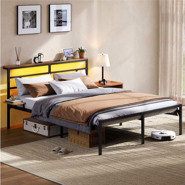 Yaheetech Metallbett Stabiler Bettrahmen mit LED-Beleuchtung & Ladestation, Doppelbett 160 × 200 cm Bettgestell mit Stauraum unter dem Bett