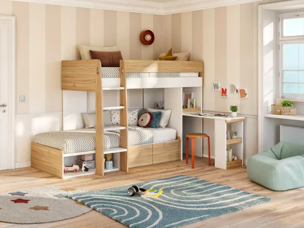 Vente-unique - LOMIDEN Bett Holz, Platte BeigeWeiß - B 117,5 cm184,3 cm x H 150 cm x L 196,3 cm