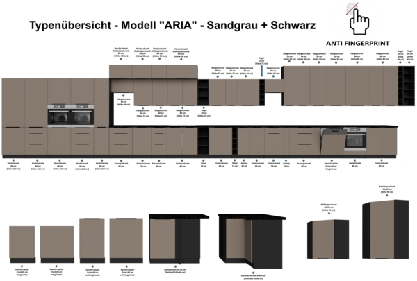 Küchen Eckunterschrank 105 cm Küche ARIA Sandgrau ultra matt + Schwarz matt, hochwertige Fronten mit Anti Fingerprint Beschichtung Küchenzeile Küchenblock Bild 5